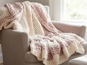 Cozy double crochet blanket on an armchair.