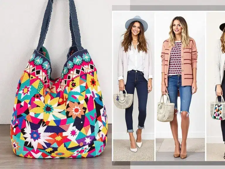 A colorful crochet bag with stylish outfits.