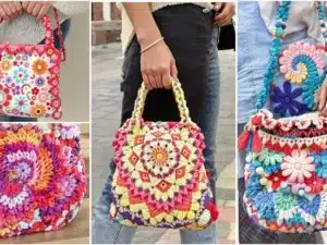 Colorful crochet purses with unique designs and textures.