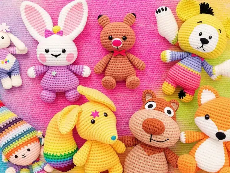 Colorful crochet animals including a bunny, bear, and fox.
