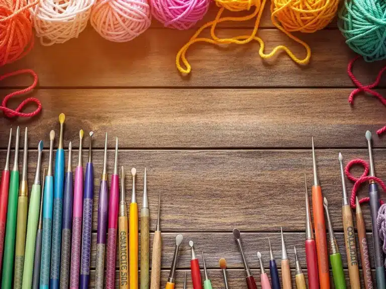 Colorful crochet hooks and yarn on a wooden table.
