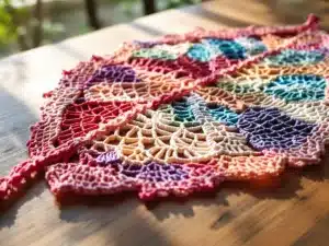 Crochet leaf pattern on a wooden surface with yarn.