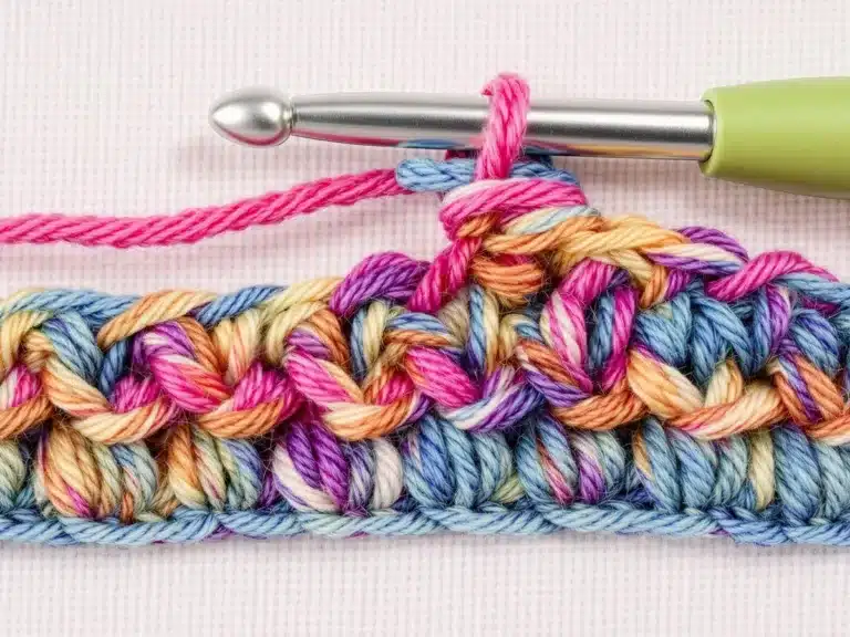 Close-up of double crochet stitch in colorful yarn.