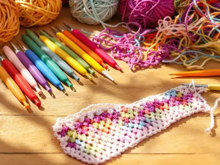 Tunisian crochet hooks and vibrant yarn on a table.