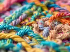 Colorful braided yarns in a creative crochet project.