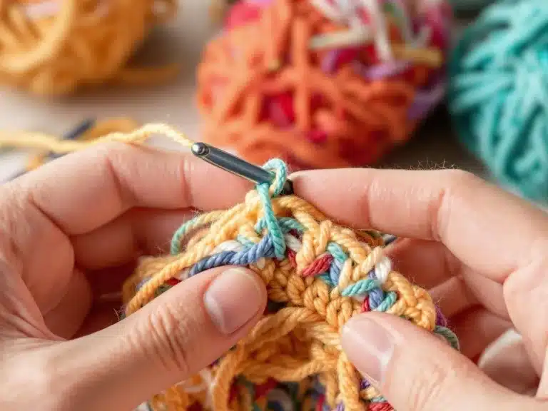 Hands crocheting a magic ring with colorful yarn.