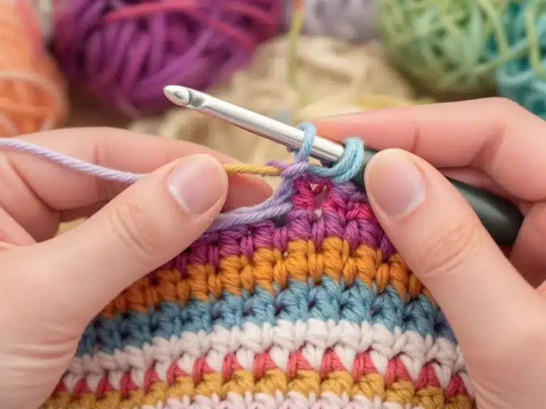 Hands crocheting with colorful yarn using half double stitch.