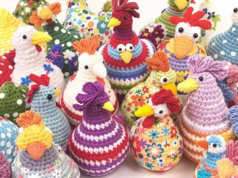 Colorful crocheted chickens in various patterns and designs.