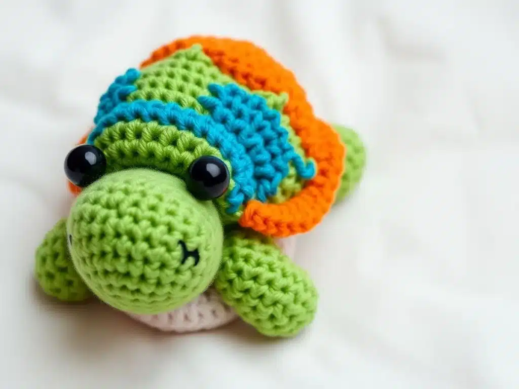 Colorful crochet turtle on a soft background.