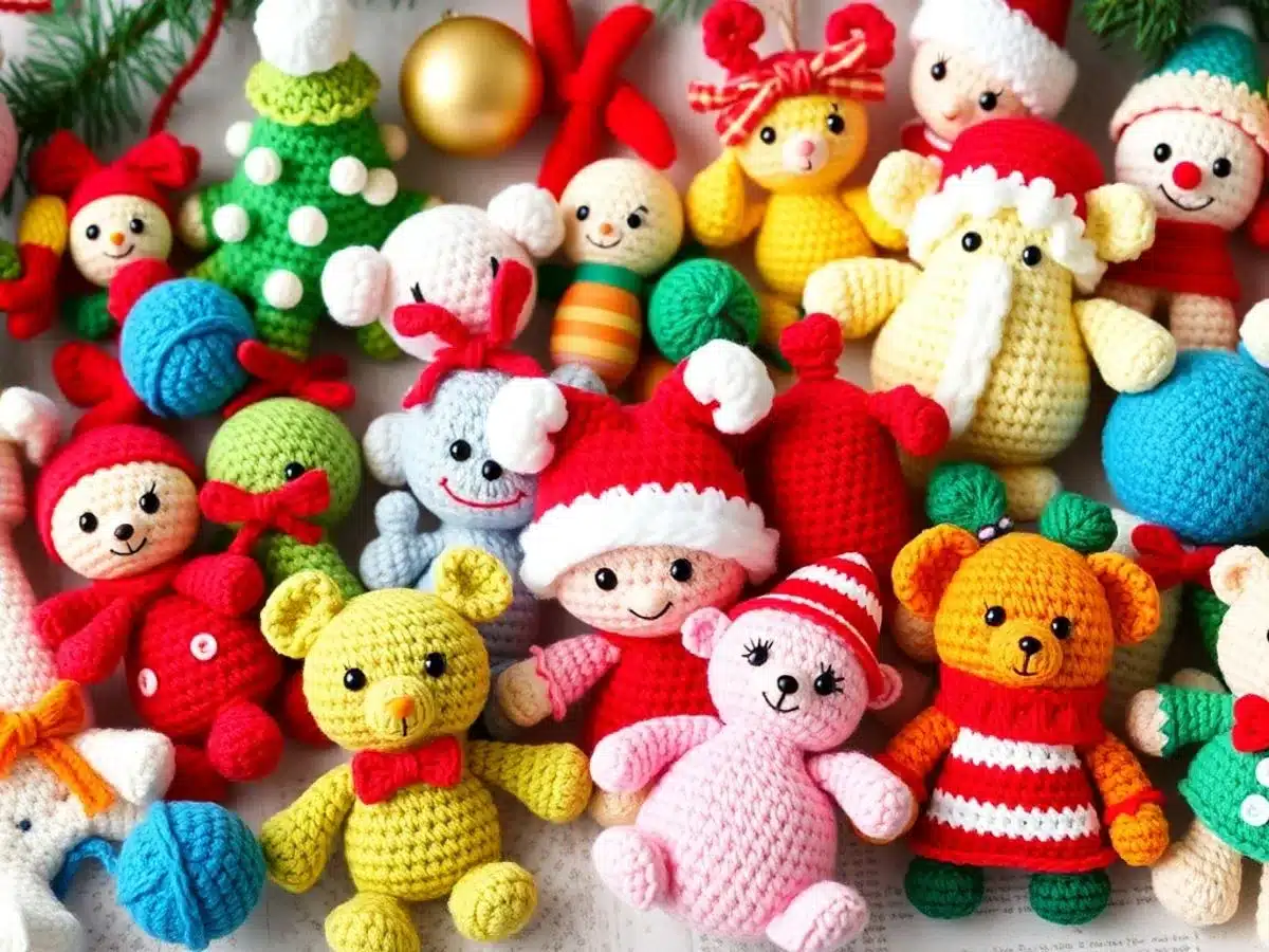 Colorful crochet toys and decorations for kids' Christmas.
