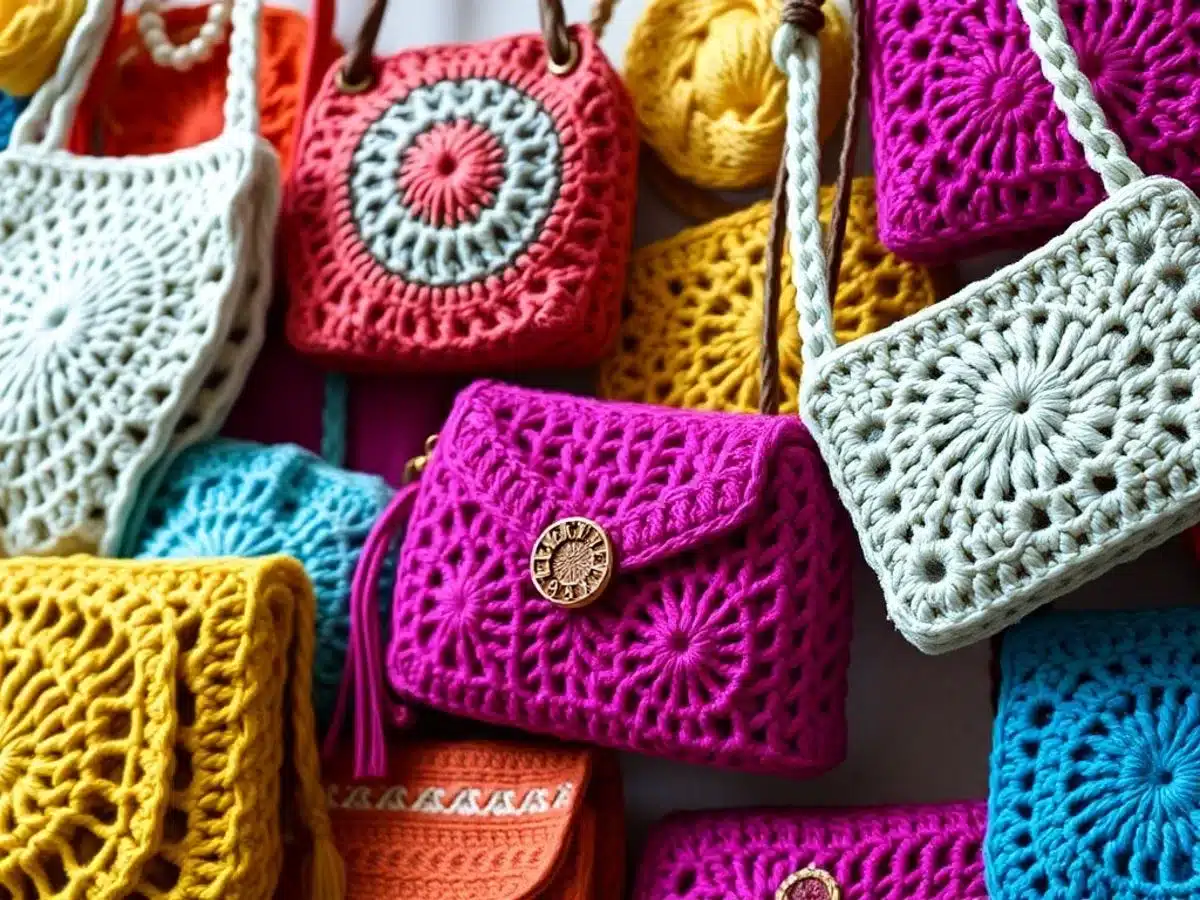 Colorful crochet purses in various unique styles and textures.