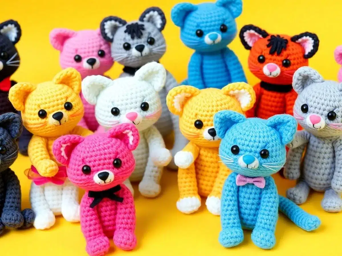 Colorful crochet cats in various patterns and expressions.