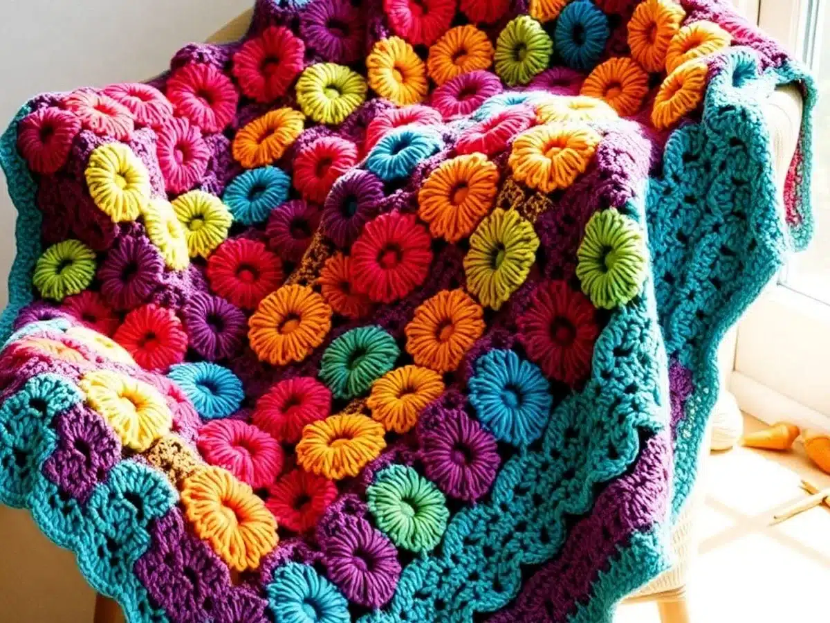 Colorful crochet blanket with shell stitch pattern.