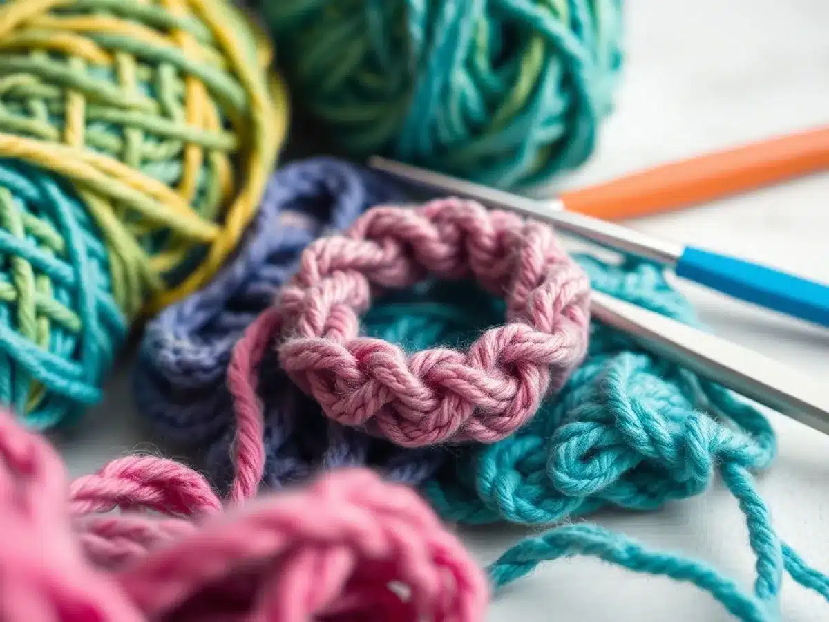 Colorful yarn and crochet hooks for magic ring technique.
