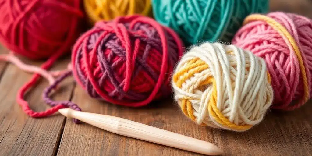 Colorful yarn balls and a crochet hook on a table.