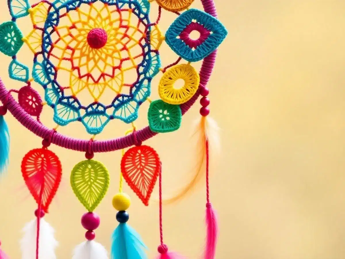 Colorful dream catcher with crochet patterns and feathers.