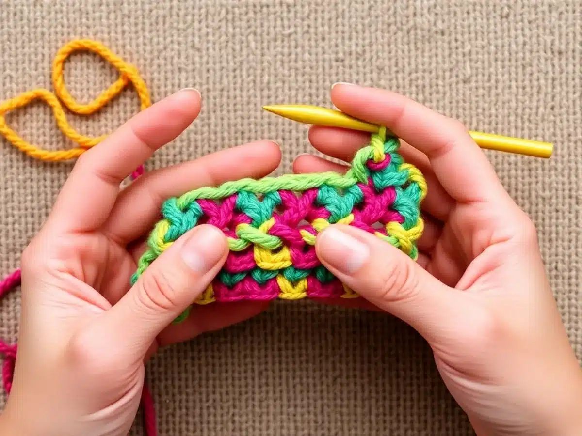 Hands crocheting a double stitch with colorful yarn.