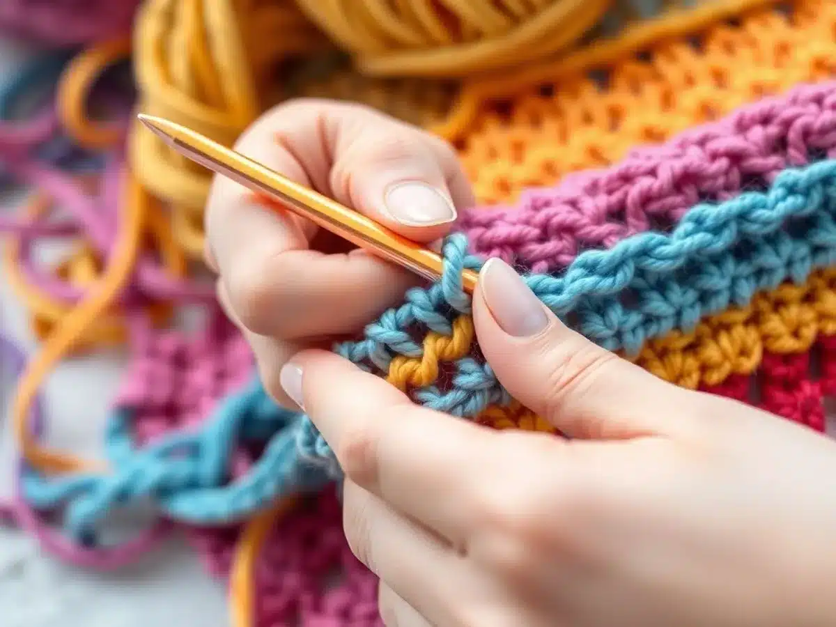 Hands crocheting with colorful yarn and a hook.