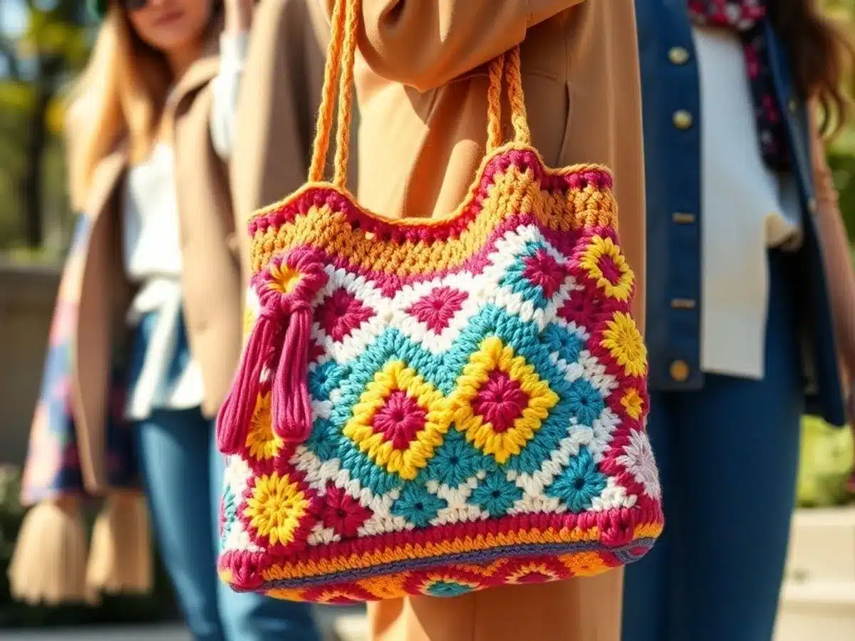 Colorful crochet bag styled with seasonal accessories outdoors.