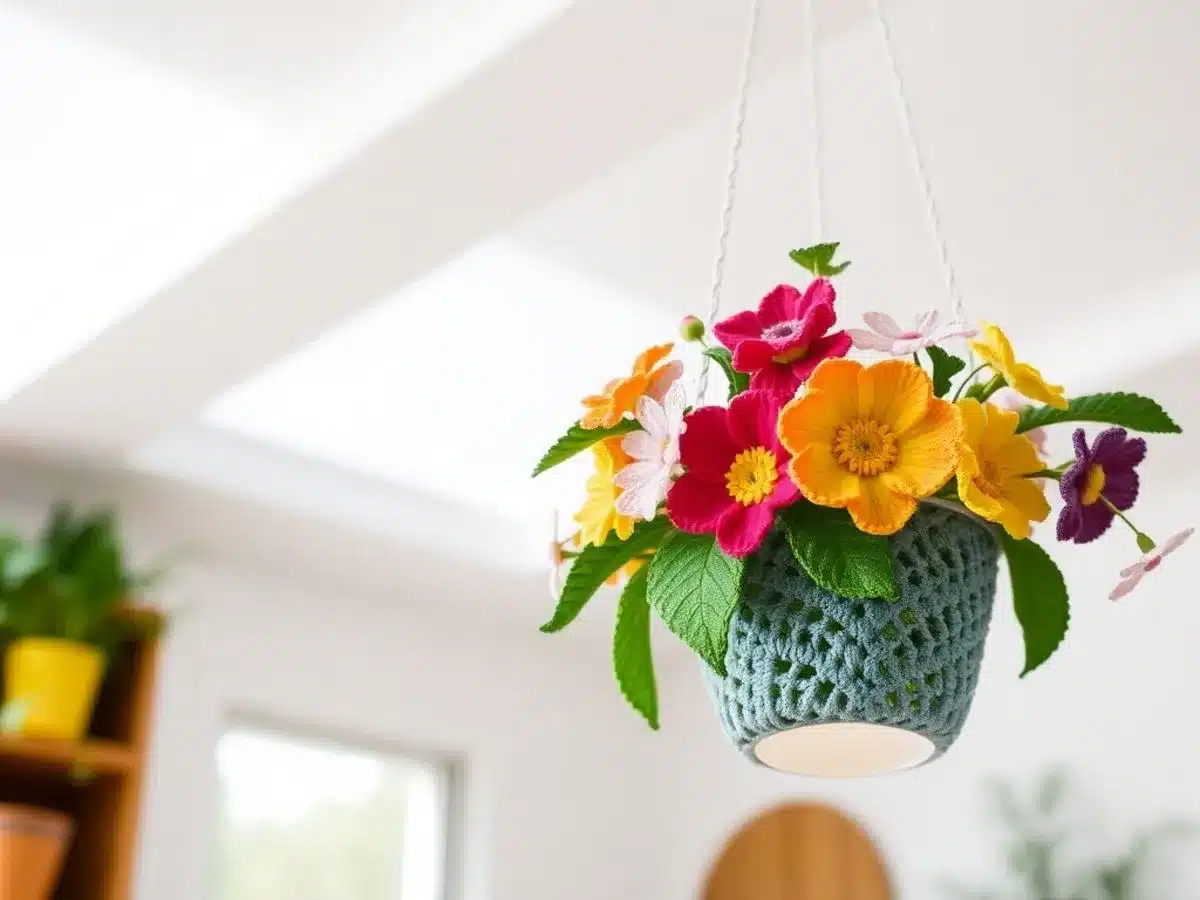 Colorful floral crochet plant hanger in a bright room.