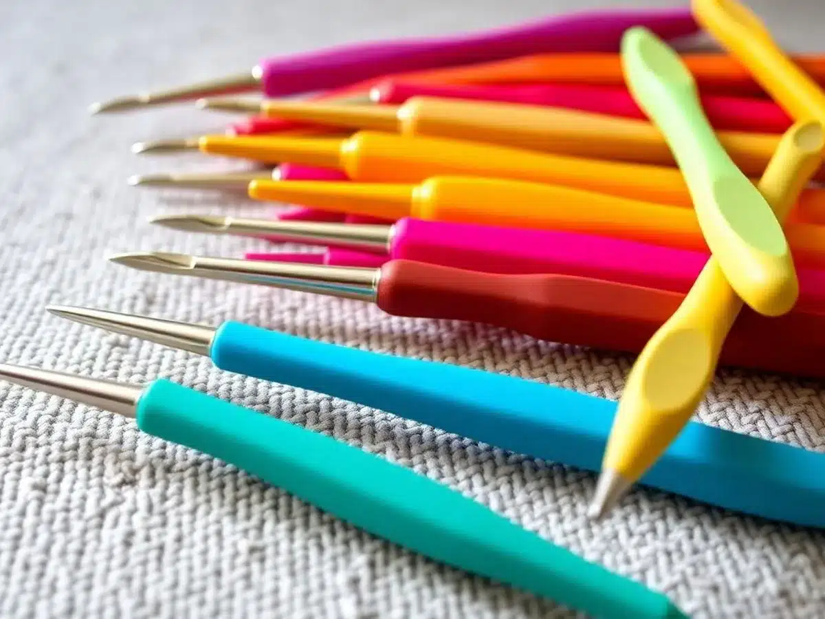Various crochet hooks in different sizes and colors.