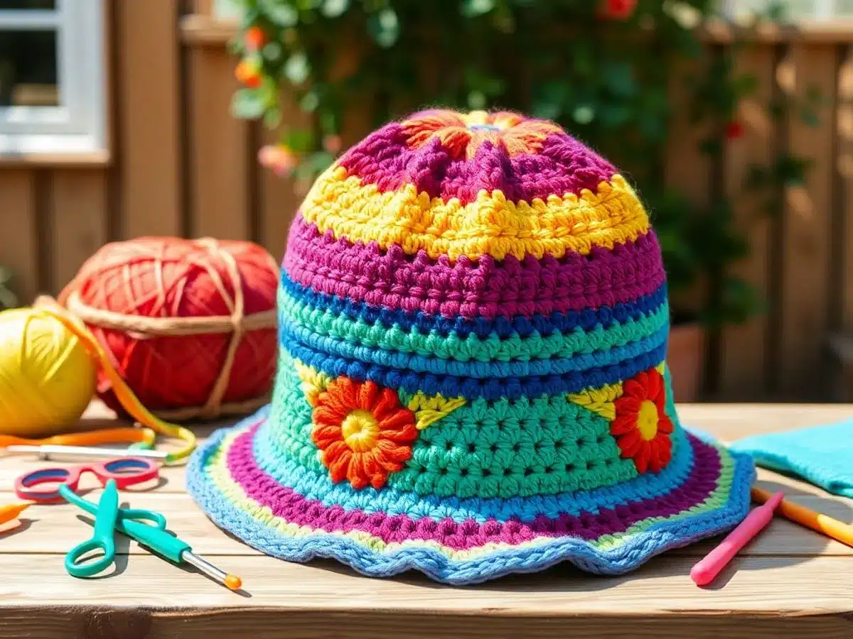Colorful crochet bucket hat with yarn and hooks.