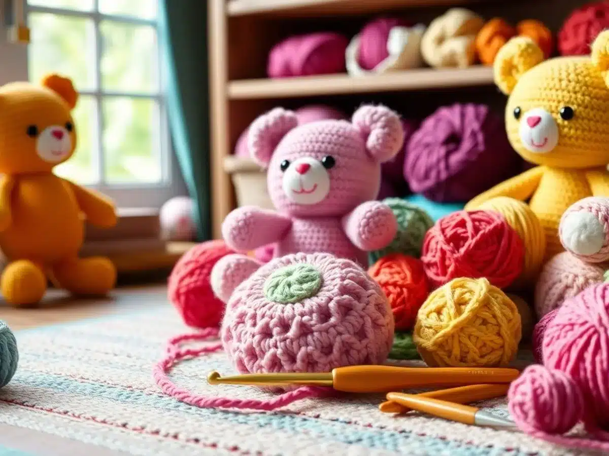Crochet kit with colorful yarn and plush toys.