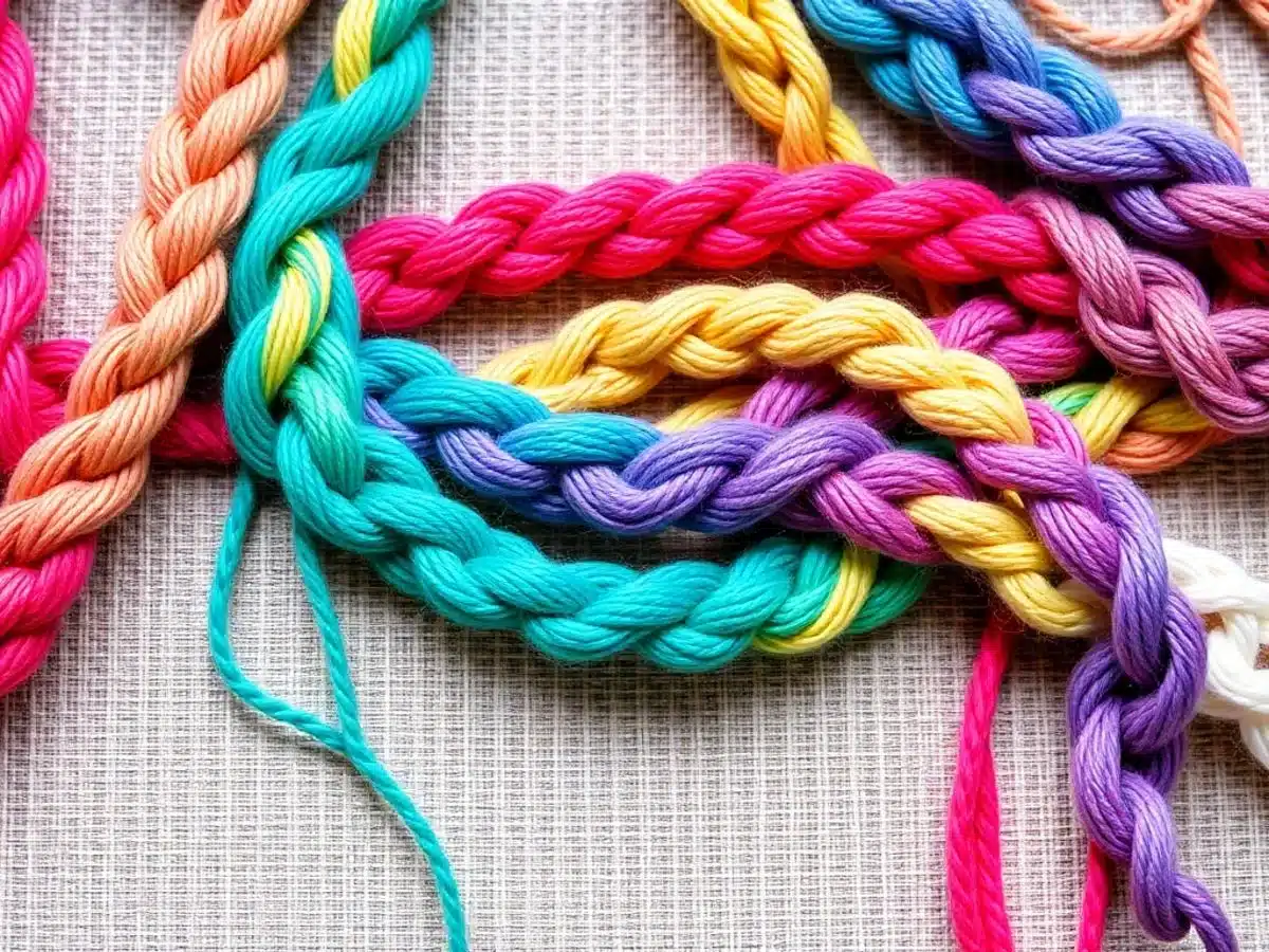 Colorful braided crochet patterns with various textures and yarns.