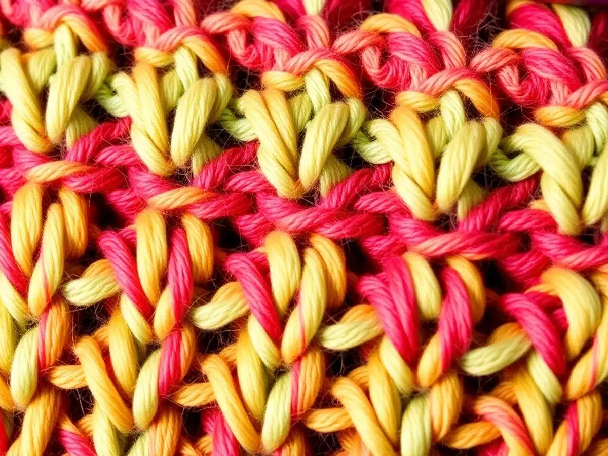 Close-up of half double crochet stitch in colorful yarn.