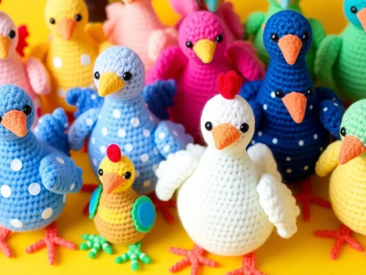 Colorful crochet chickens in various fun patterns.