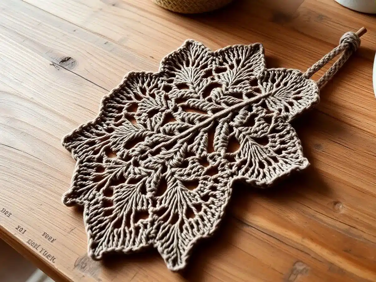 Crochet leaf pattern on a wooden table.