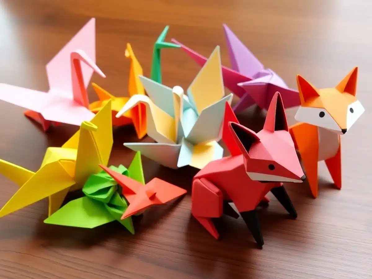 Colorful origami animals on a wooden table.