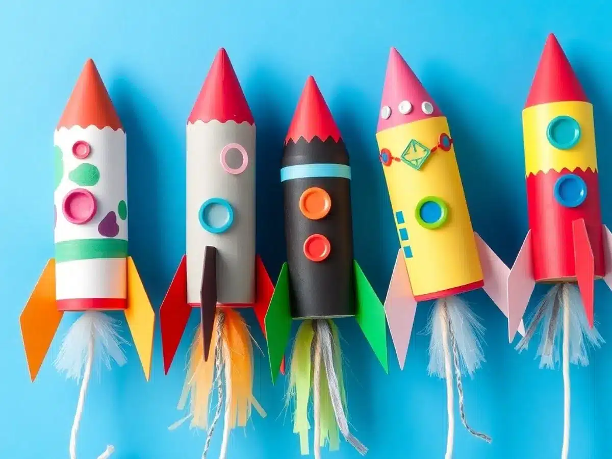 Colorful toilet paper roll rocket ships against blue sky.