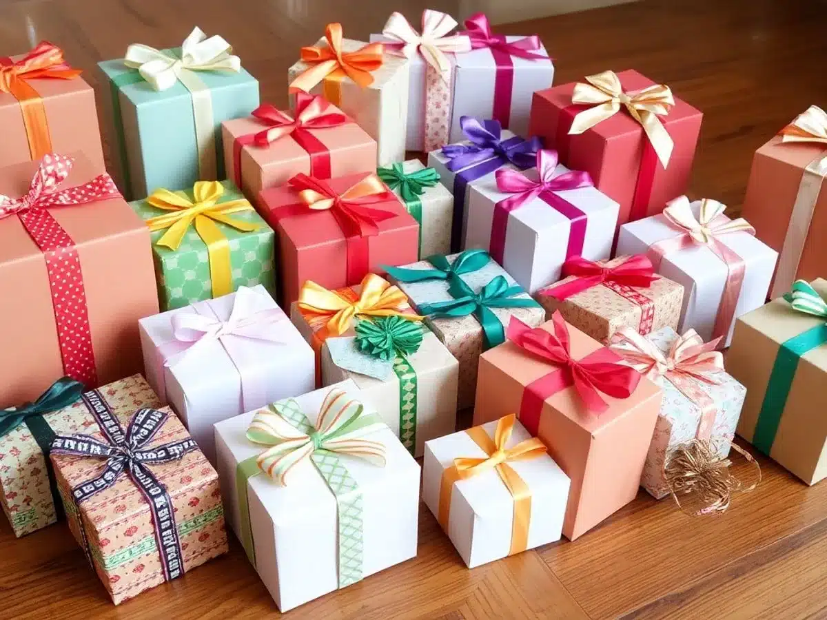 Colorful paper gift boxes with ribbons on a table.