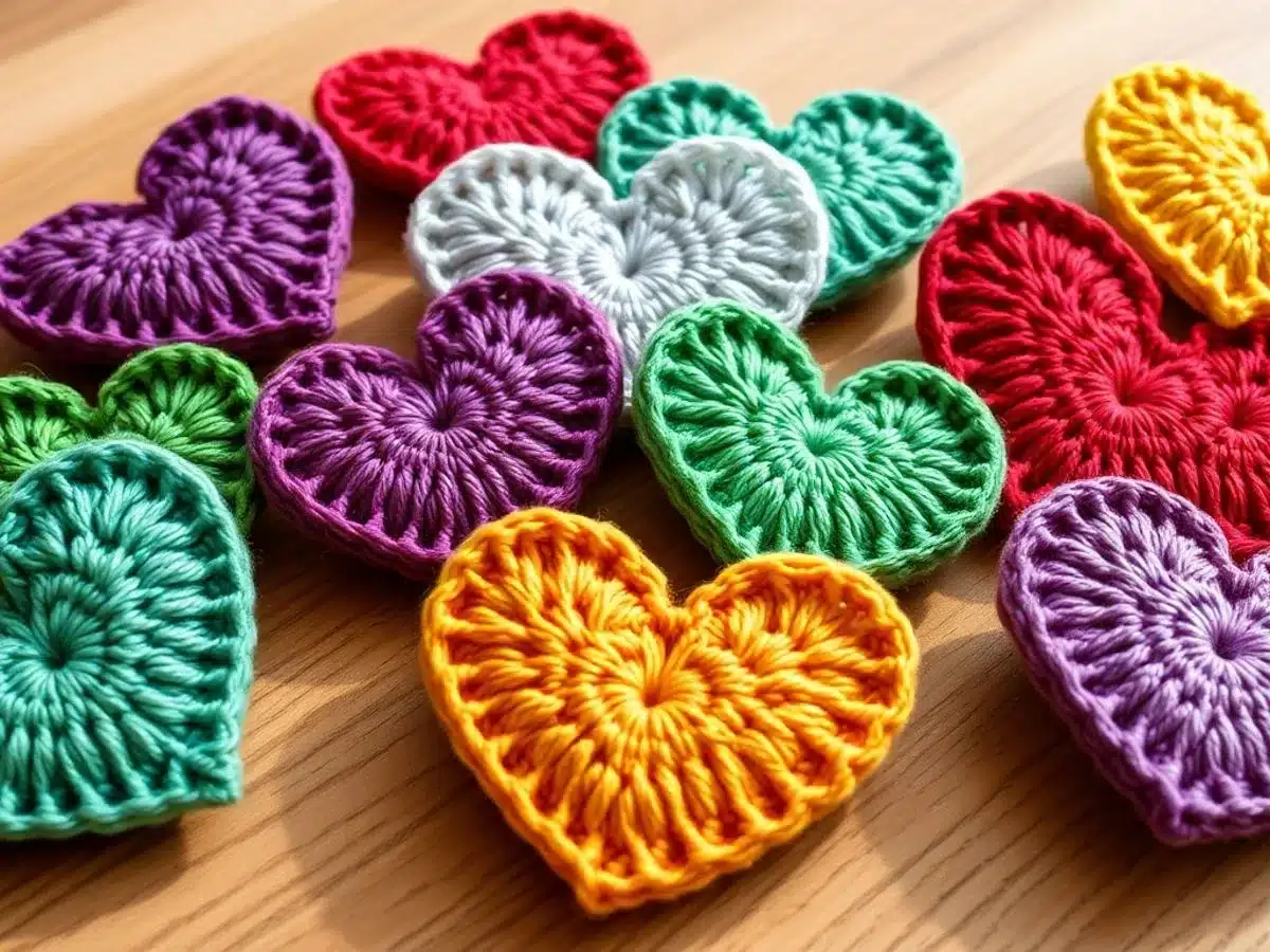 Colorful crochet hearts in various stitches on wood.