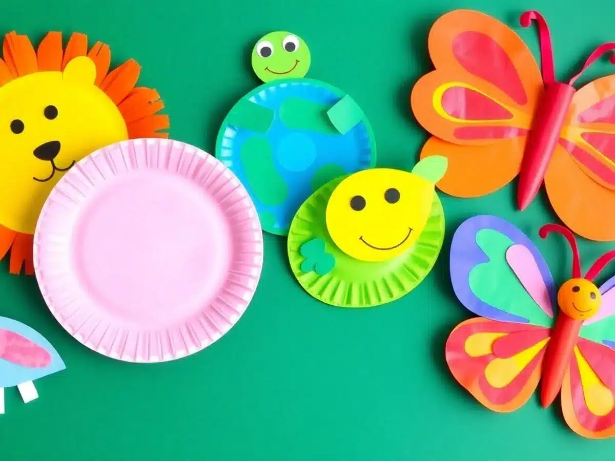 Colorful paper plate animals made by kids.