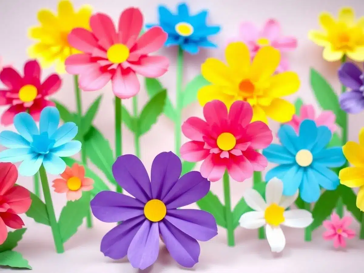 Colorful construction paper flowers in various shapes and sizes.