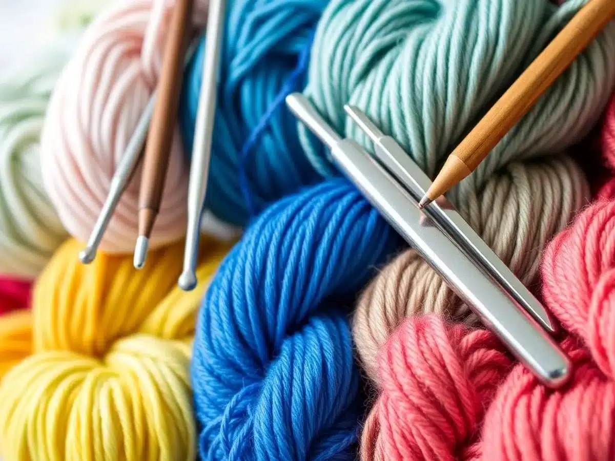 Colorful yarns and crochet hooks for stylish shrug crafting.