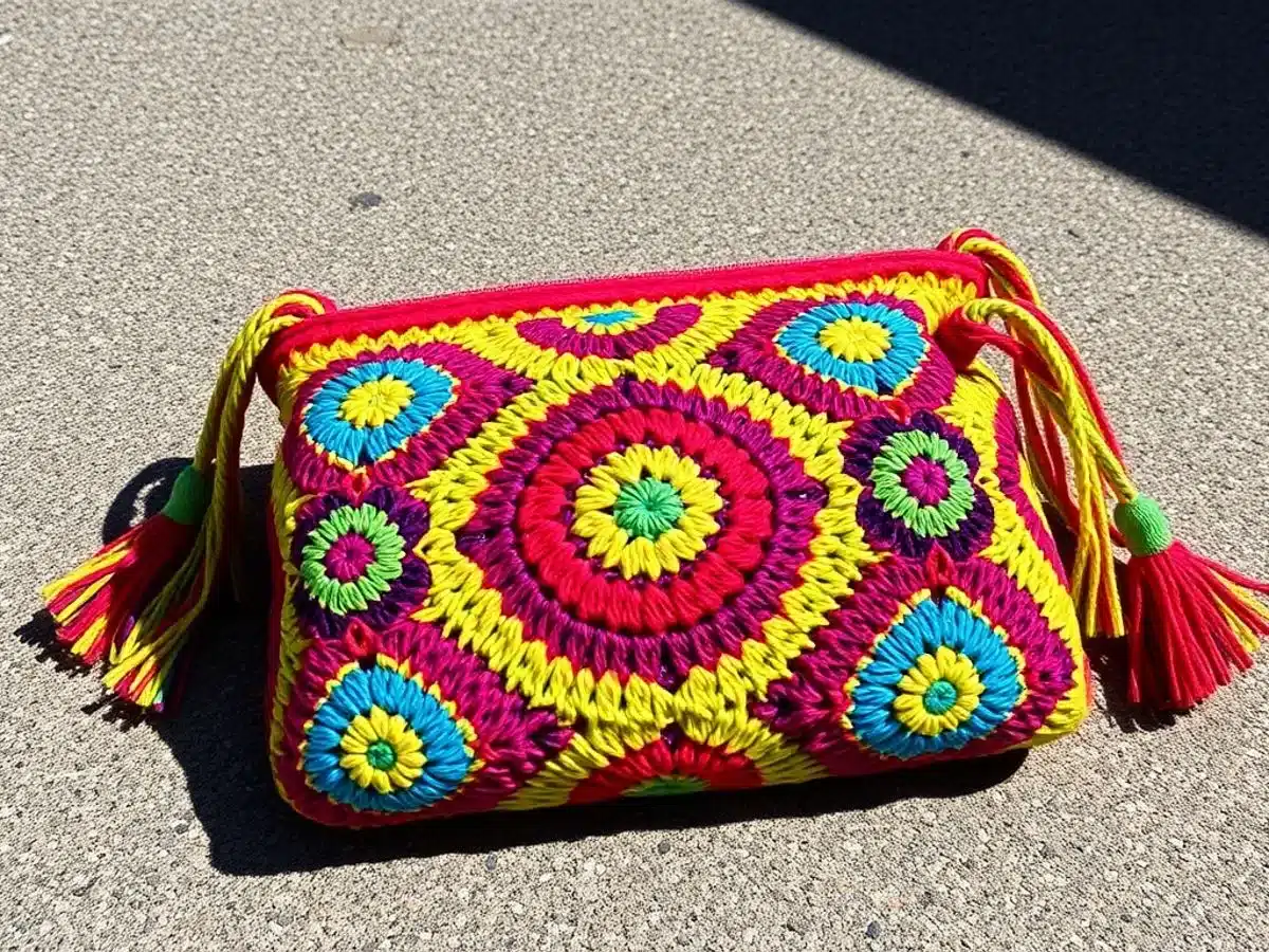Colorful crochet purse with unique design elements.