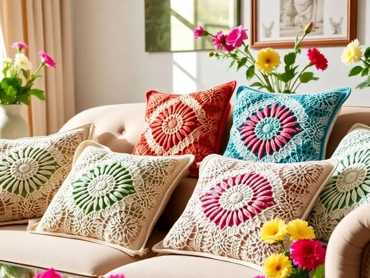 Colorful floral crochet decorative pillow covers on a sofa.