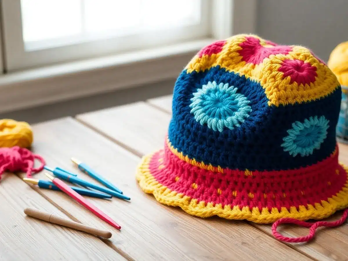 Colorful crochet bucket hat on a wooden table.
