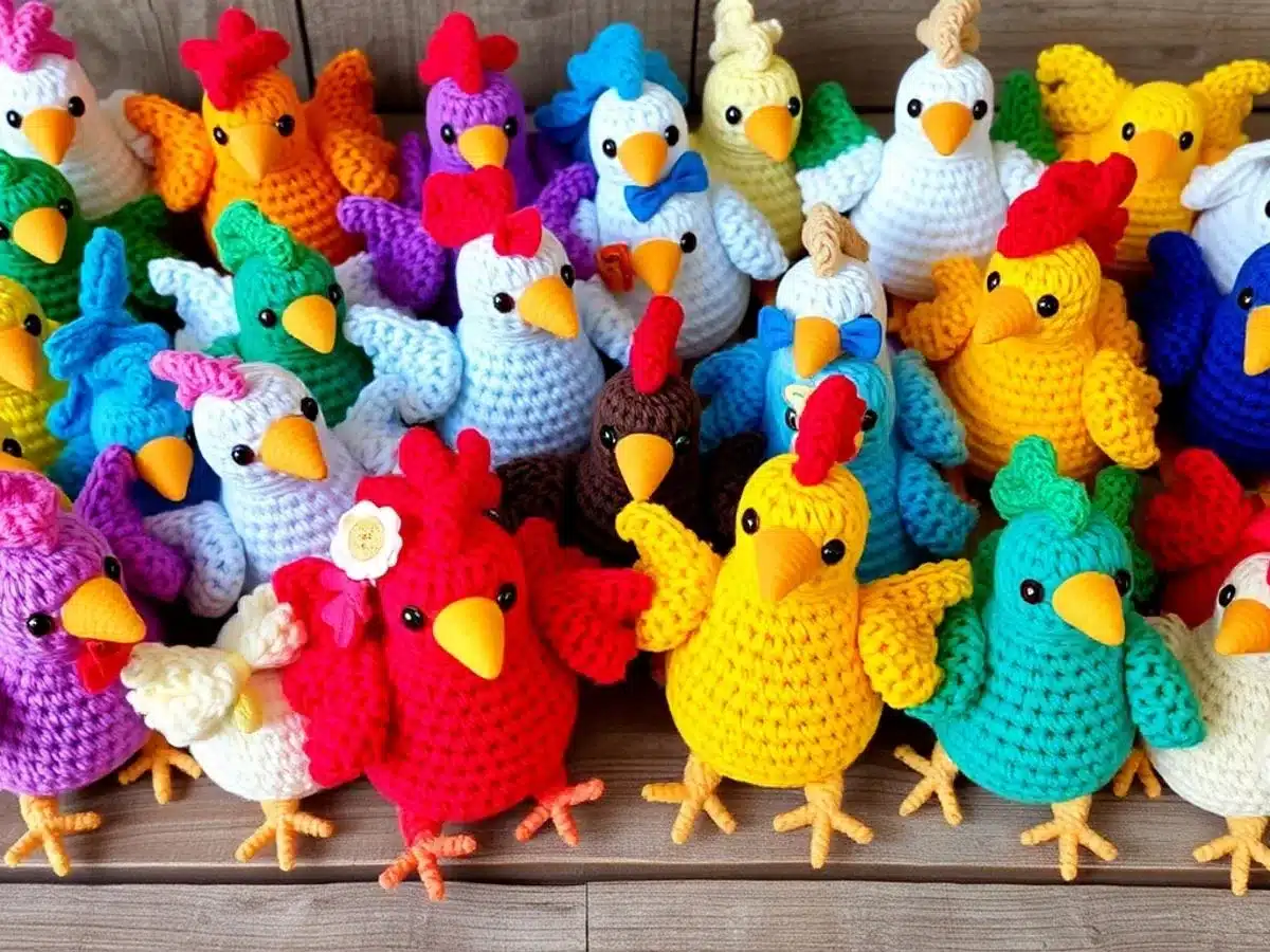 Colorful crocheted chickens with unique patterns on display.