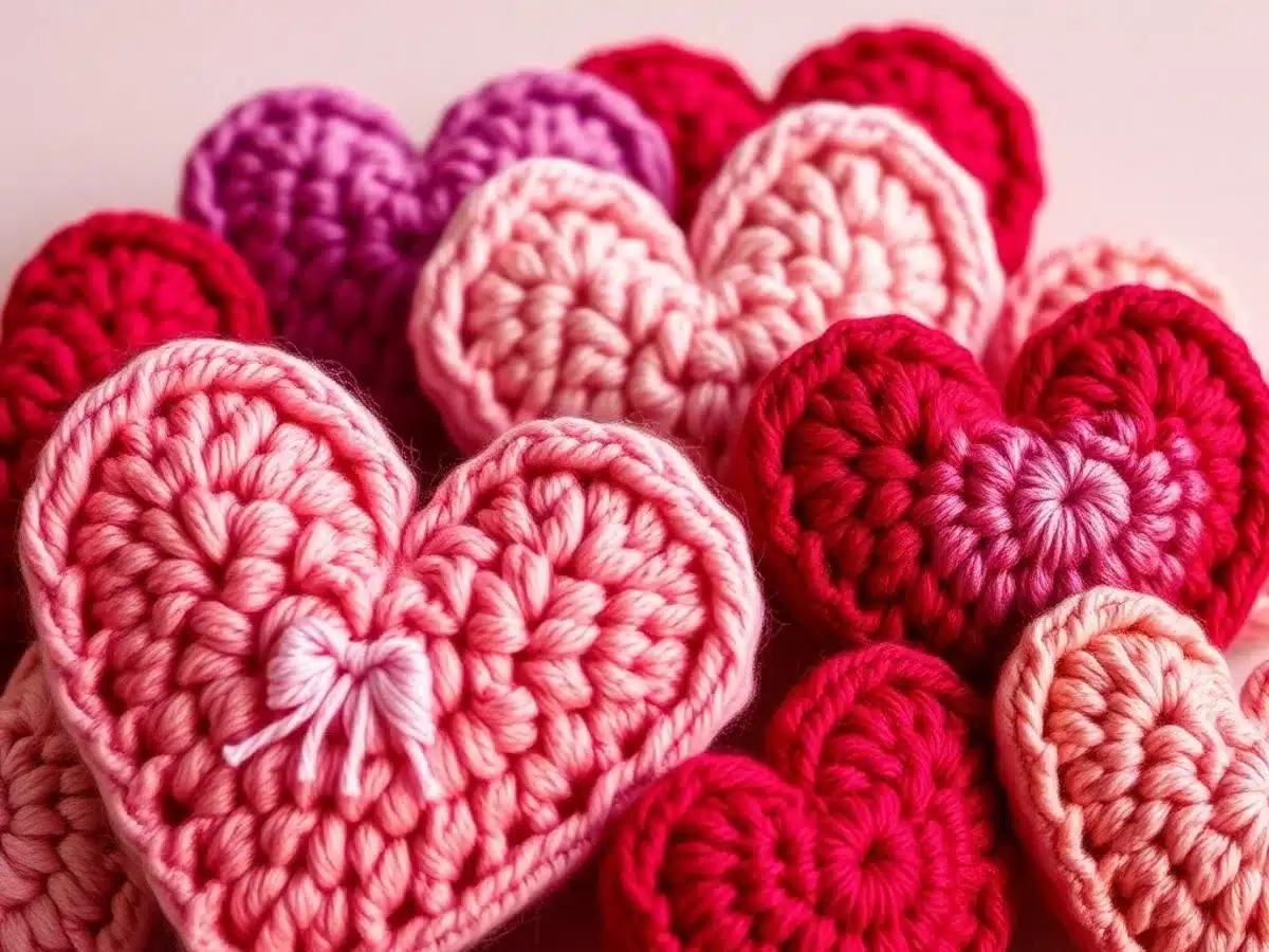 Colorful crochet hearts in various sizes and textures.