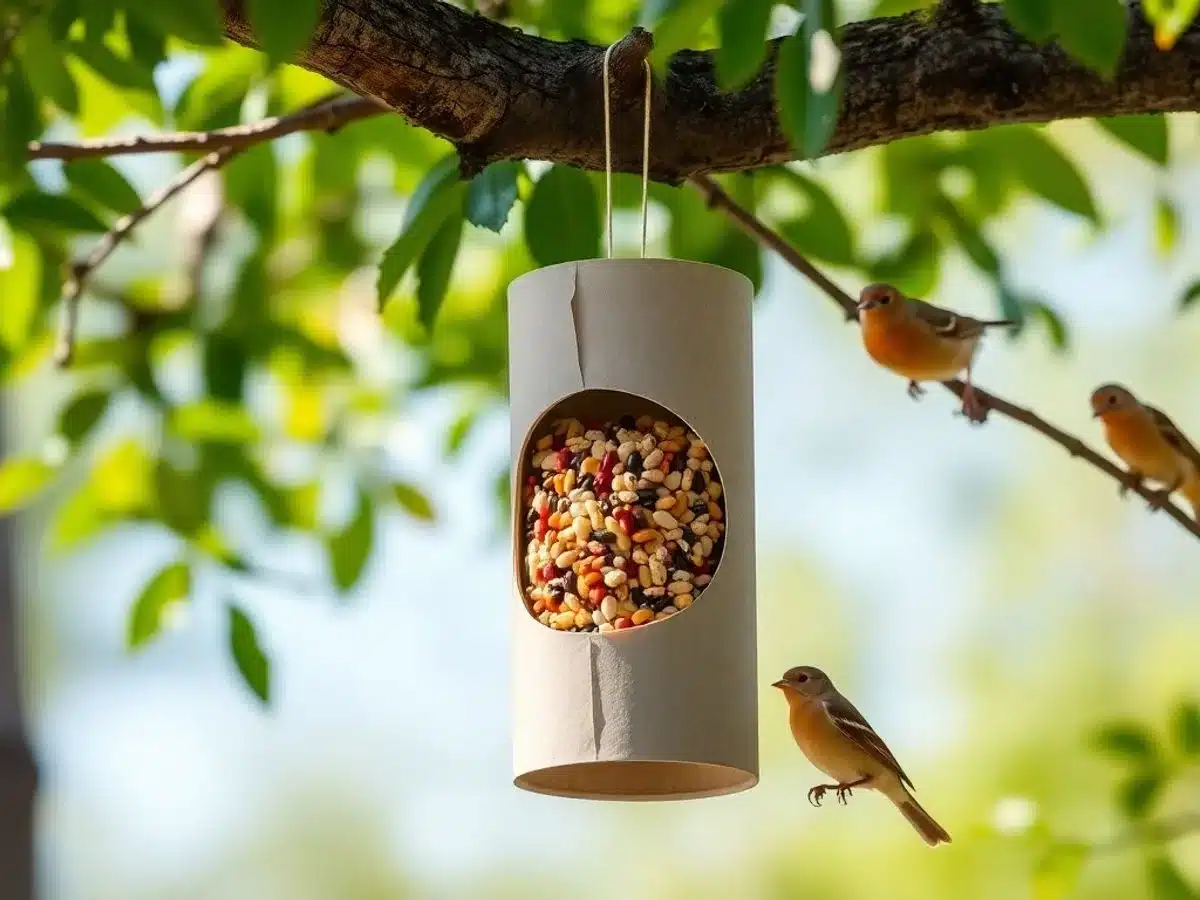 Bird feeder made from a toilet paper roll in nature.