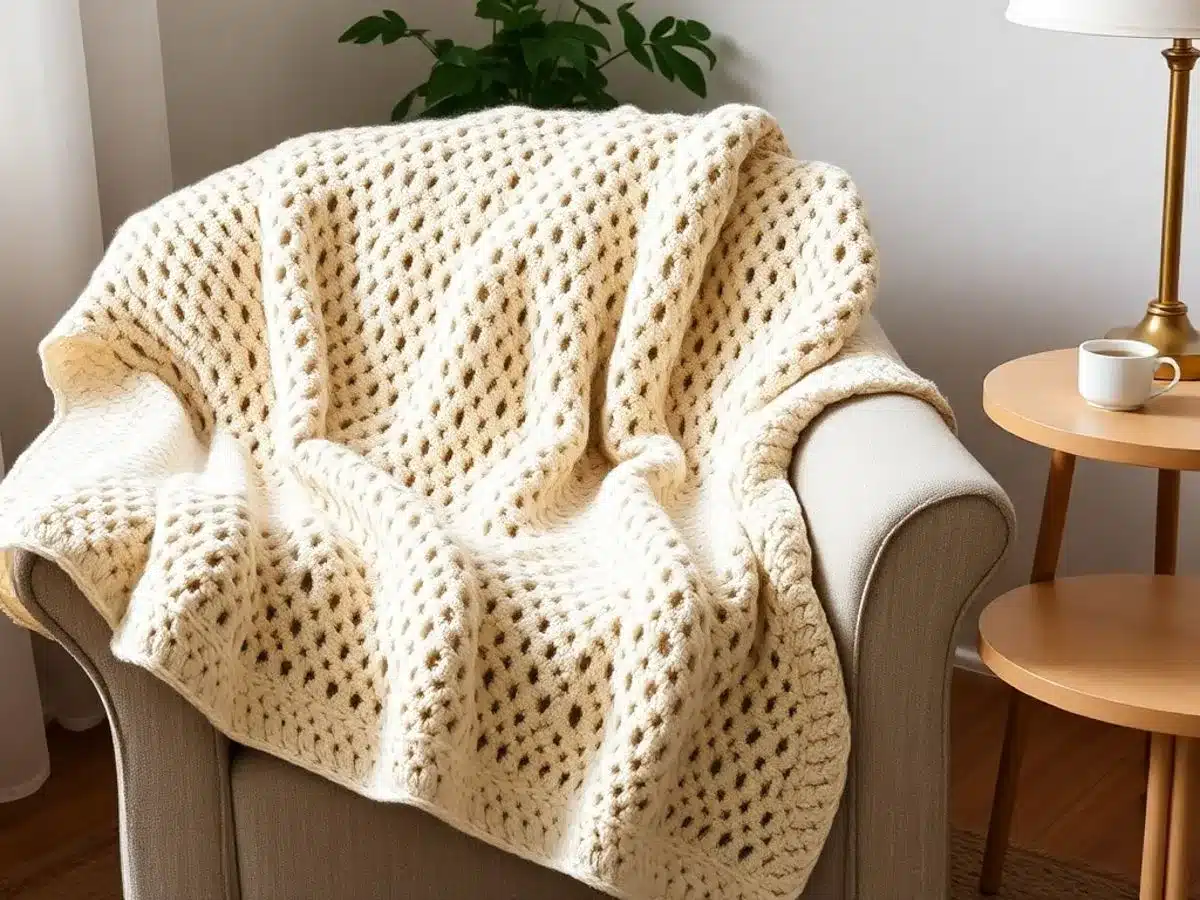 Salon confortable avec une couverture au crochet double.