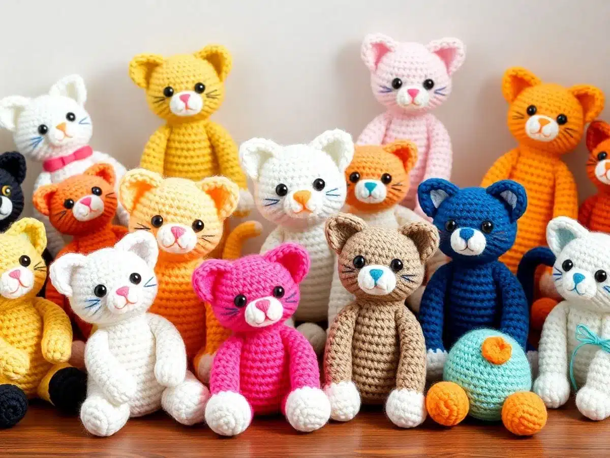 Colorful crocheted cats in playful poses and patterns.