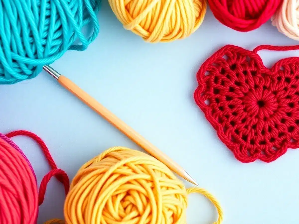 Colorful crochet supplies with a red heart motif.