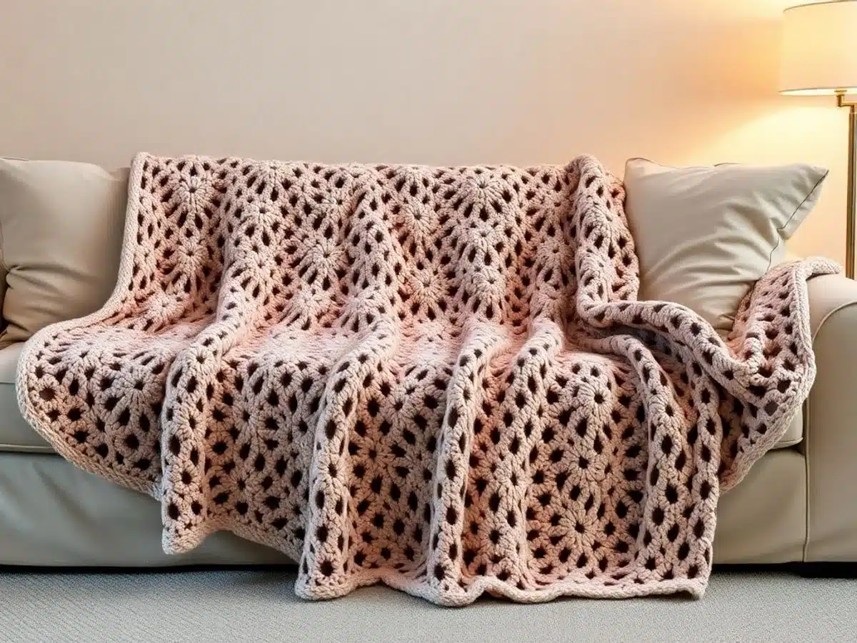 Couverture au crochet confortable sur un canapé dans un éclairage chaleureux.