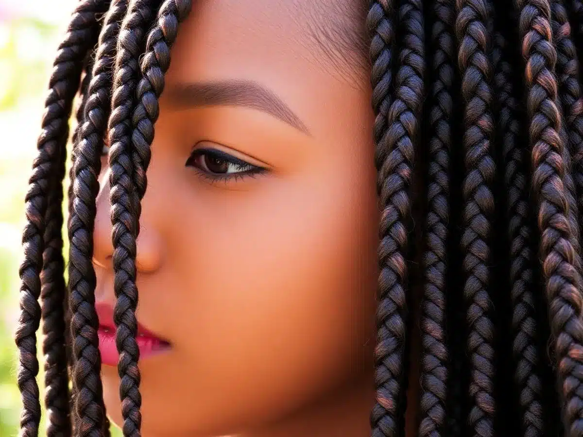 Person with stylish crochet braids in a natural setting.