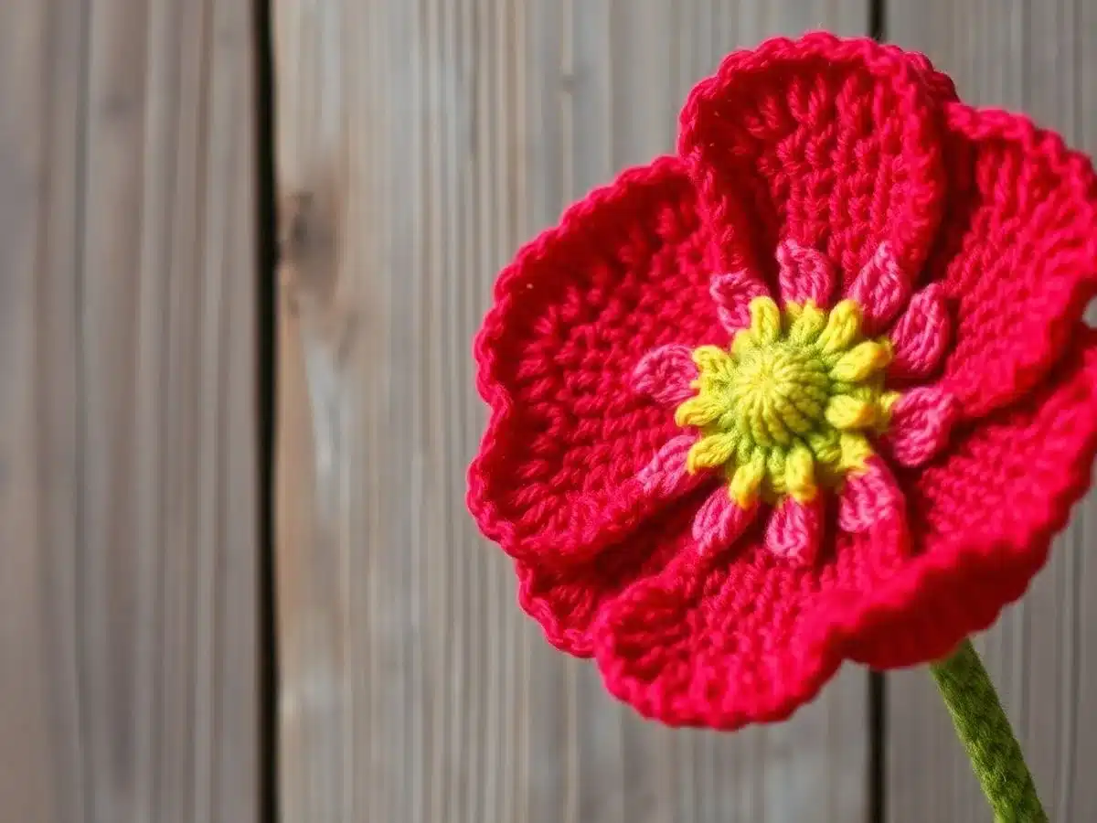 Colorful crocheted poppy pattern on wooden surface.